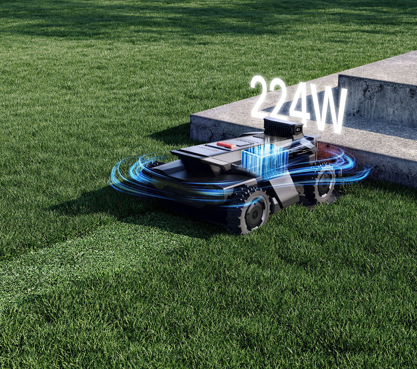 Navimow i110E robot lawn mower mows the green backyard grass.