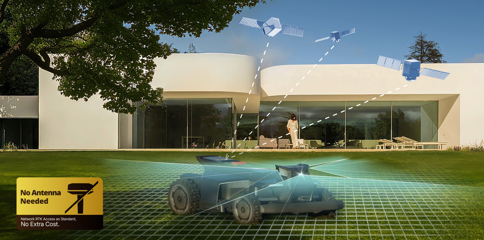 Navimow i110 robot lawn mower utilizes satellite signals for navigation.