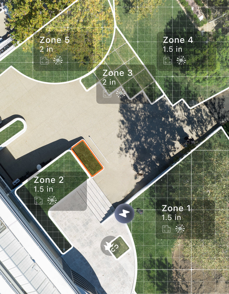 Navimow i110 robot lawn mower interface showing various yard zones.